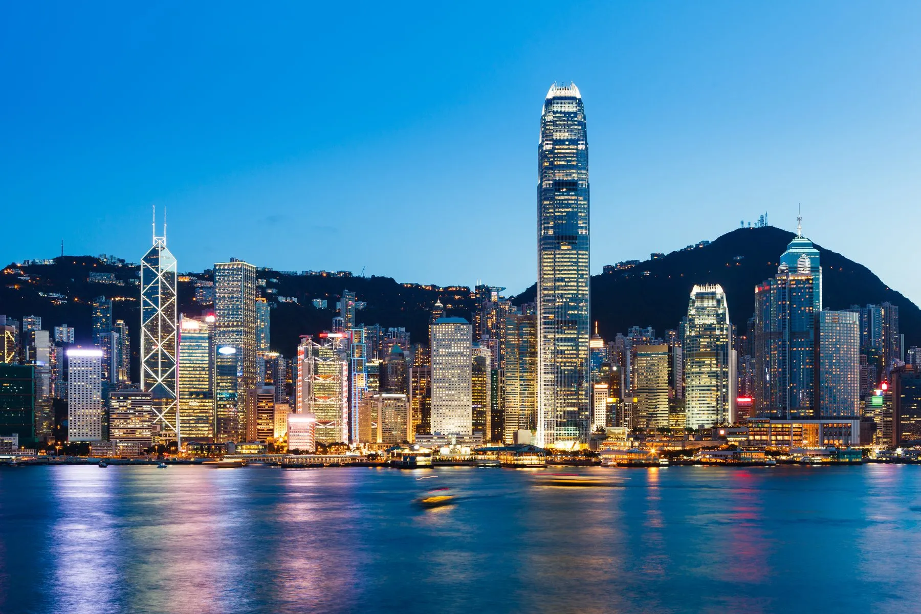 Victoria Harbour and the Hong Kong skyline at dusk