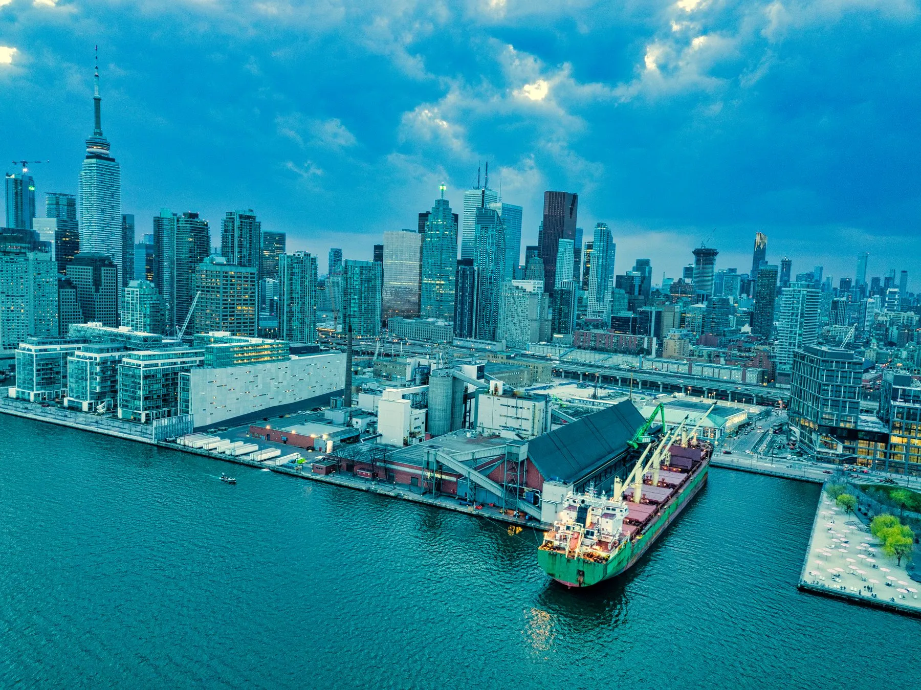 The Toronto skyline and waterfront at sunset